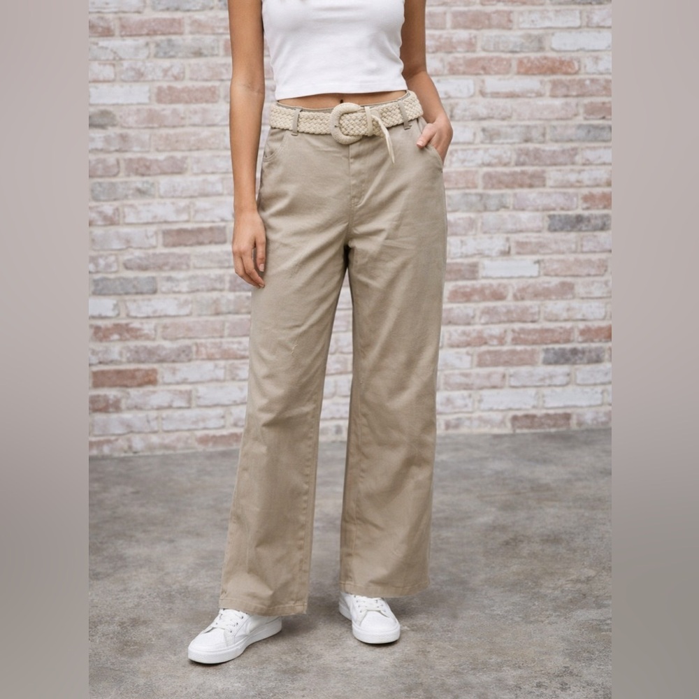 Wide Leg Cotton Pants in Beige with Belt, M